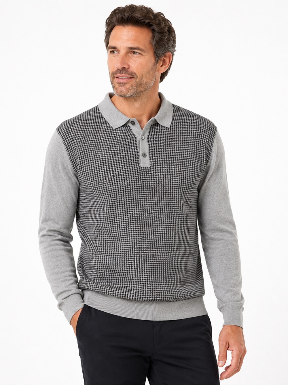 Canali Mens Long-sleeve Gray &‎ Black Houndstooth print front Sweater, Size XXL